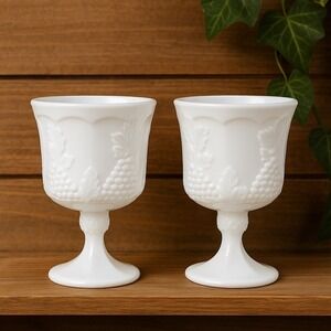 Set of 2 Indiana Glass Milk Glass‎ Harvest Grape Pedestal Wine Goblets Vintage
